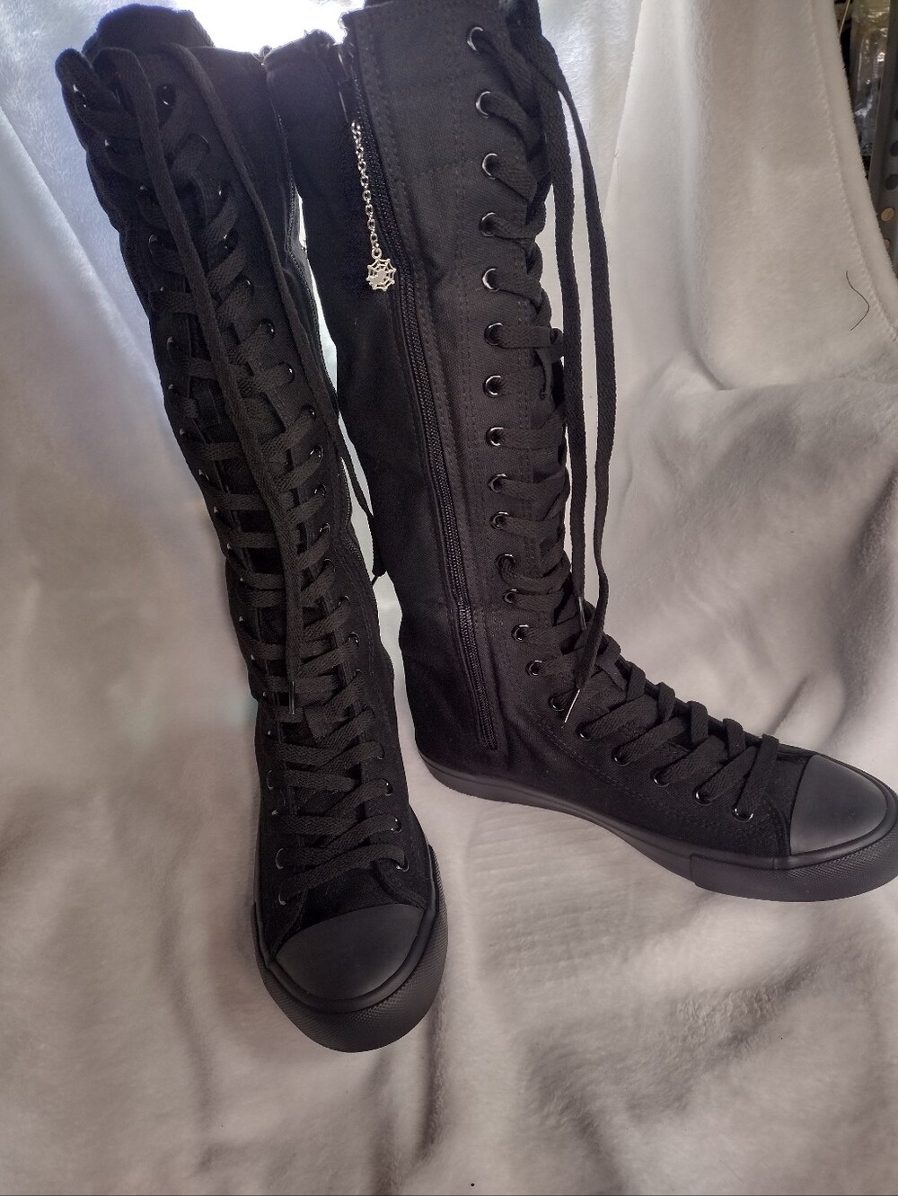 Black Lace-Up Knee-High Canvas Boots - Women